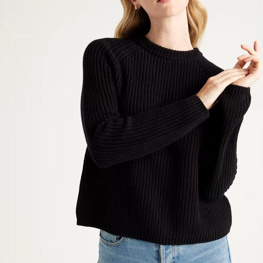 Quince 100% Organic Cotton Fisherman Crew Sweater Ribbed Medium Black Minimalist